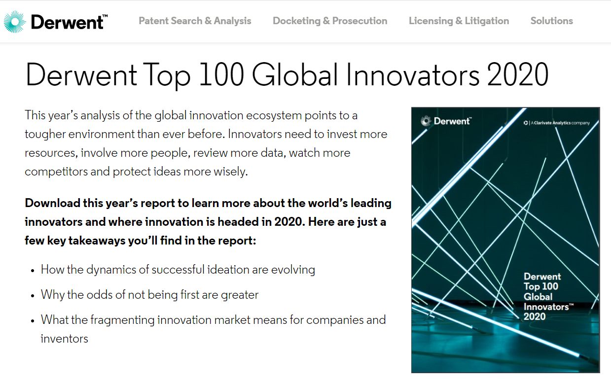 Звіт Derwent Top 100 Global Innovators 2020