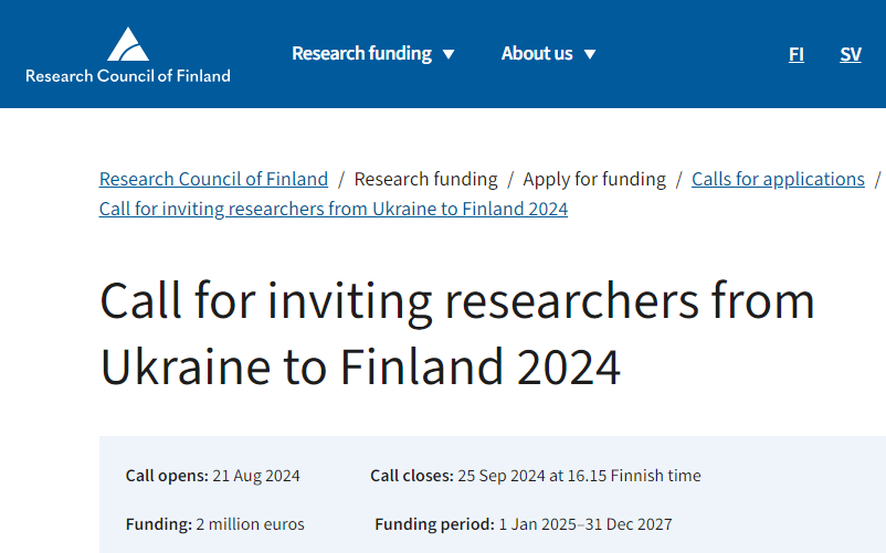 ЗАПРОШЕННЯ УКРАЇНСЬКИХ ДОСЛІДНИКІВ ДО ФІНЛЯНДІЇ